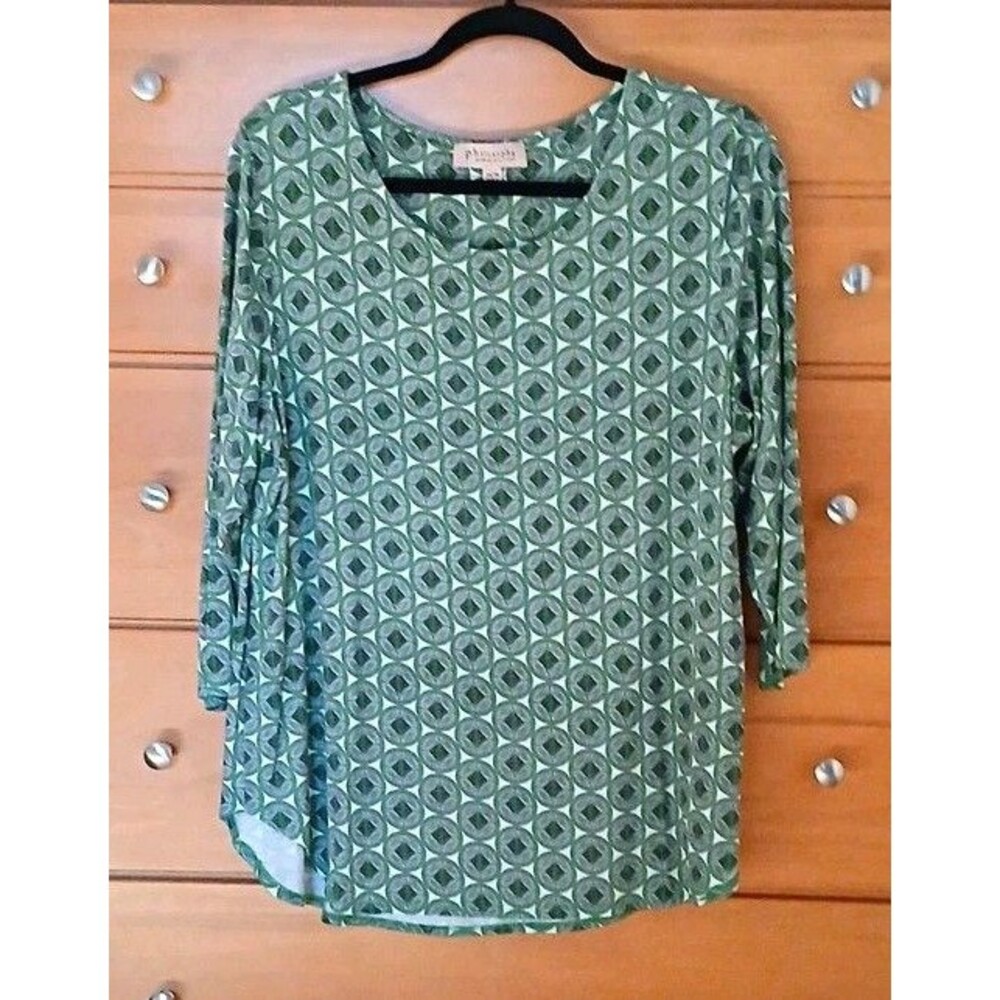 Philosophy Womens 1X Geometric Knit Top Green Black 3/4 Sleeve Pullover Stretch